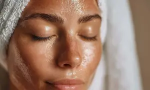 Rostro con toalla en la cabeza, piel brillante y húmeda, con gotas de agua. Un primer plano que inspira cómo mejorar la piel de la cara.