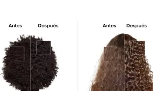 Dos comparaciones de cabello: antes y después. El cabello estropeado se transforma en rizos definidos y saludables.