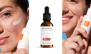 Mujer sonriente aplica sérum con ácido lactobiónico. Piel radiante y cuidada.