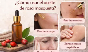 Aceite de rosa mosqueta en frasco, con frutos y hojas. Muestra su uso para arrugas, manchas, cicatrices y zonas secas.