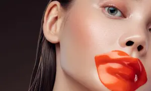 Labios rojos y brillantes cubren la boca de una mujer. Quizás para evitar que se diga que exfoliar los labios es malo.