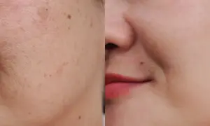 Comparación antes y después de un tratamiento para eliminar manchas de la cara. La piel luce más uniforme y radiante.