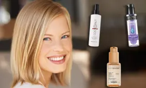 Mujer sonriente con cabello rubio, junto a productos para el pelo, humedad controlada.