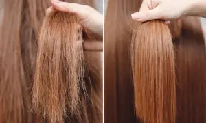 Antes y después de una repolarización capilar en casa. Cabello dañado y seco vs. cabello liso y brillante.