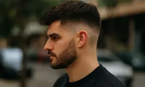 Hombre con barba y un corte de pelo moderno, un taper fade medio que se difumina suavemente hacia la nuca.