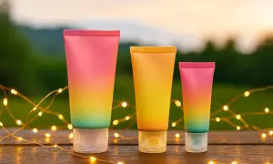 Tres tubos de cremas sin parabenos ni siliconas ni sulfatos, con degradado de colores, iluminados por luces cálidas.