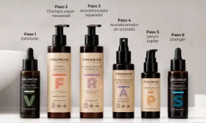 Seis productos de cuidado capilar de Arganour en fila, cada uno con un número de paso.