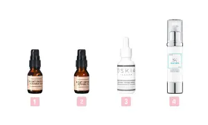 Rutina de skin cycling: exfoliante (1), retinol (2), sérum hidratante (3) y crema reparadora (4).