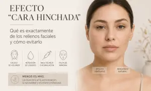 La imagen muestra un antes y después de un tratamiento facial, comparando un "efecto cara hinchada" con un "resultado natural". Se explican las causas de la cara hinchada.