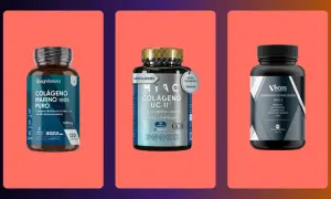 Tres botes de suplementos de colágeno: marino puro, UC-II con ácido hialurónico y magnesio, y colágeno hidrolizado tipo II. Tomar colágeno es bueno para las articulaciones.
