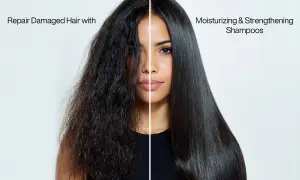 La mitad izquierda muestra pelo dañado y la derecha pelo reparado y brillante. ¡Di adiós al pelo dañado!