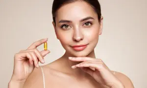 Mujer sonriente sostiene una cápsula dorada, símbolo de vitaminas para la piel, con un fondo neutro.