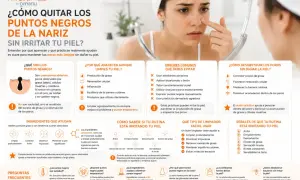 Mujer se toca la nariz, con puntos negros visibles. El texto explica cómo eliminar el sebo de la nariz sin irritar la piel.