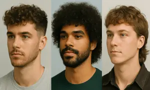 Tres hombres con estilos de cabello diferentes: un moderno corte de pelo rizado hombre, afro y mullet.