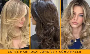 Tres mujeres con pelo largo y capas voluminosas. El corte mariposa da movimiento y estilo, ideal para melenas largas.