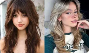 Dos mujeres con estilos de cabello wolf cut. Una con pelo castaño ondulado y flequillo, la otra con pelo rubio con capas y flequillo.