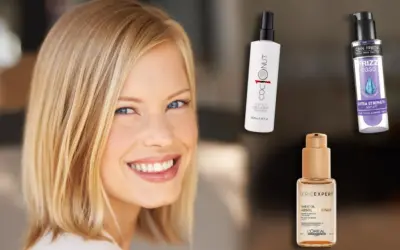 Mujer sonriente con cabello rubio, junto a productos para el pelo, humedad controlada.