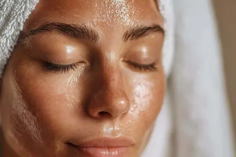 Rostro con toalla en la cabeza, piel brillante y húmeda, con gotas de agua. Un primer plano que inspira cómo mejorar la piel de la cara.