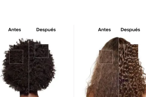 Dos comparaciones de cabello: antes y después. El cabello estropeado se transforma en rizos definidos y saludables.