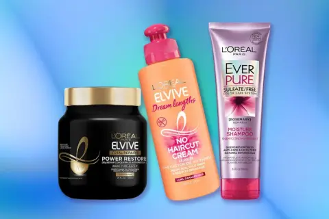Tres productos L'Oréal para saber como hidratar el pelo: mascarilla Elvive Power Restore, crema sin aclarado Elvive Dream Lengths y champú Ever Pure Moisture.