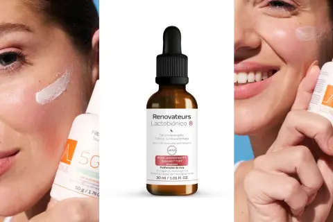 Mujer sonriente aplica sérum con ácido lactobiónico. Piel radiante y cuidada.