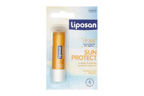 Bálsamo labial Liposan Sun Protect SPF 30, ideal para proteger tus labios quemados por el sol y mantenerlos hidratados.