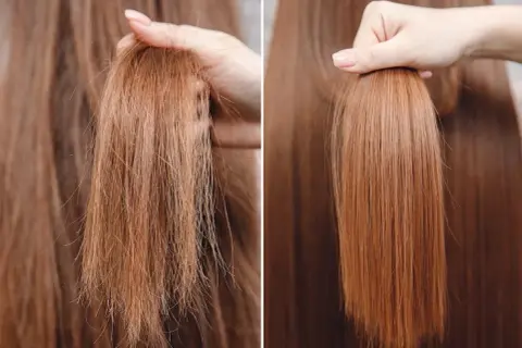 Antes y después de una repolarización capilar en casa. Cabello dañado y seco vs. cabello liso y brillante.