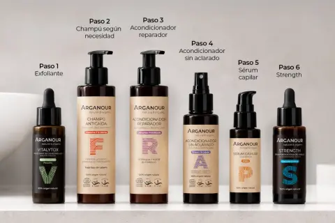 Seis productos de cuidado capilar de Arganour en fila, cada uno con un número de paso.
