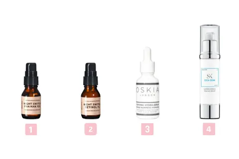 Rutina de skin cycling: exfoliante (1), retinol (2), sérum hidratante (3) y crema reparadora (4).