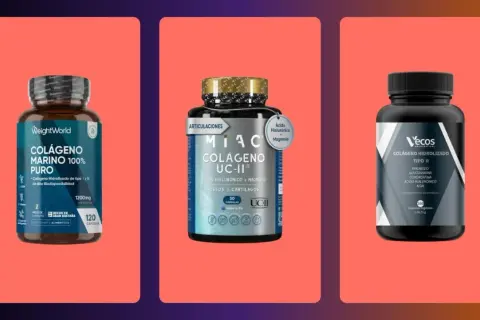 Tres botes de suplementos de colágeno: marino puro, UC-II con ácido hialurónico y magnesio, y colágeno hidrolizado tipo II. Tomar colágeno es bueno para las articulaciones.
