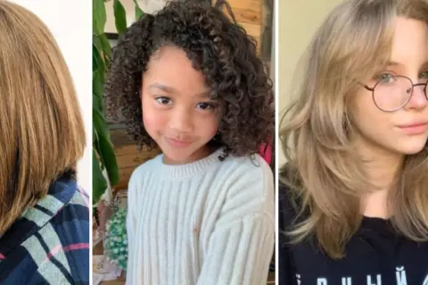 Tres estilos de cortes de pelo para niña de 10 años: bob liso, rizos naturales y melena escalada.