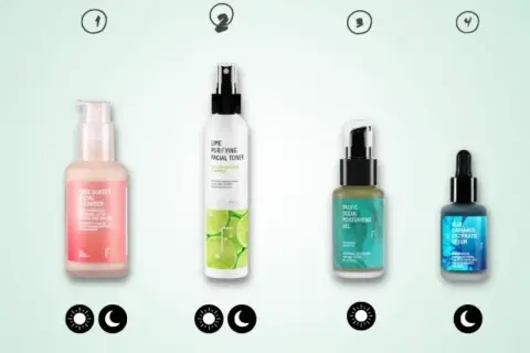 Rutina facial piel mixta: limpiador, tónico purificante, gel hidratante y sérum enzimático. Ideal para el día y la noche.