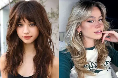 Dos mujeres con estilos de cabello wolf cut. Una con pelo castaño ondulado y flequillo, la otra con pelo rubio con capas y flequillo.