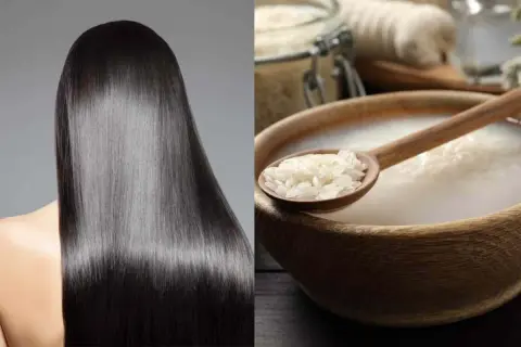 Cabello largo y sedoso junto a un cuenco con agua de arroz para el pelo, mostrando sus beneficios naturales.