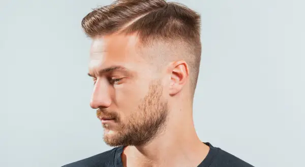 Hombre con un corte de pelo moderno, con un taper fade y raya marcada.