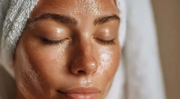 Rostro con toalla en la cabeza, piel brillante y húmeda, con gotas de agua. Un primer plano que inspira cómo mejorar la piel de la cara.