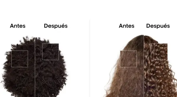 Dos comparaciones de cabello: antes y después. El cabello estropeado se transforma en rizos definidos y saludables.