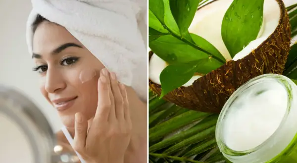 Mujer aplicándose crema en la cara, junto a un coco y un tarro de aceite de coco para la cara.