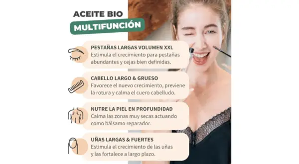 Aceite bio multifunción para pestañas, cabello, piel y uñas. ¡Descubre el poder del aceite de ricino para la cara y más!