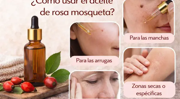 Aceite de rosa mosqueta en frasco, con frutos y hojas. Muestra su uso para arrugas, manchas, cicatrices y zonas secas.