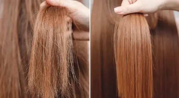Antes y después de una repolarización capilar en casa. Cabello dañado y seco vs. cabello liso y brillante.