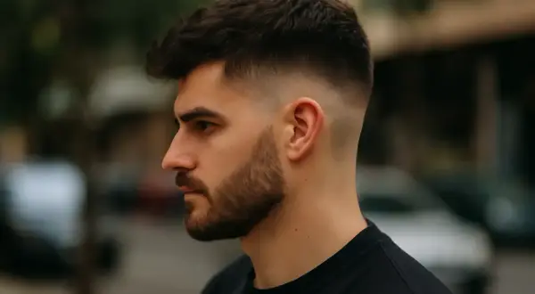 Hombre con barba y un corte de pelo moderno, un taper fade medio que se difumina suavemente hacia la nuca.