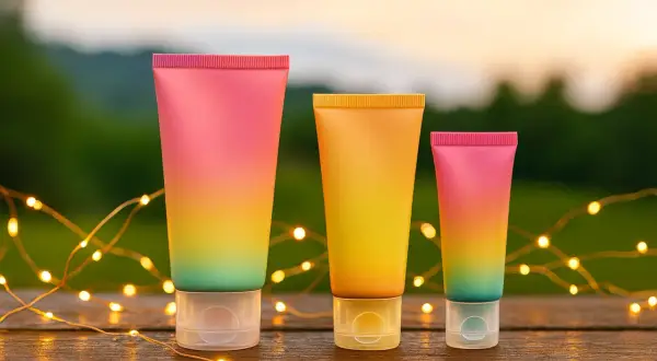 Tres tubos de cremas sin parabenos ni siliconas ni sulfatos, con degradado de colores, iluminados por luces cálidas.
