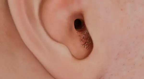 Detalle del canal auditivo de una oreja, mostrando un punto negro y acumulación de cera.