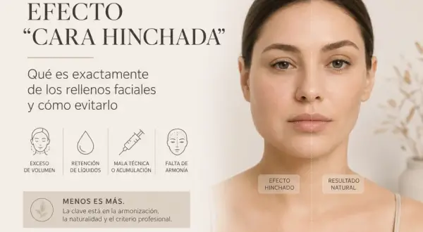 La imagen muestra un antes y después de un tratamiento facial, comparando un "efecto cara hinchada" con un "resultado natural". Se explican las causas de la cara hinchada.