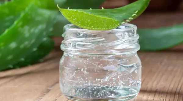 Un trozo de hoja de aloe vera descansa sobre un frasco de vidrio con gel transparente, ideal para un tratamiento de aloe vera para el cabello sin enjuagar.