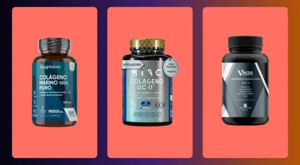 Tres botes de suplementos de colágeno: marino puro, UC-II con ácido hialurónico y magnesio, y colágeno hidrolizado tipo II. Tomar colágeno es bueno para las articulaciones.