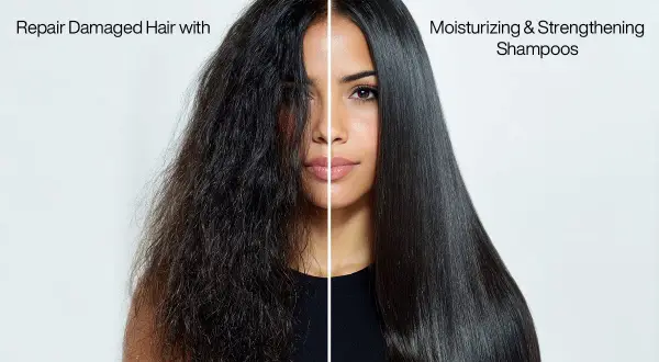 La mitad izquierda muestra pelo dañado y la derecha pelo reparado y brillante. ¡Di adiós al pelo dañado!