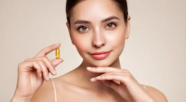 Mujer sonriente sostiene una cápsula dorada, símbolo de vitaminas para la piel, con un fondo neutro.