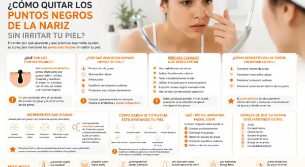 Mujer se toca la nariz, con puntos negros visibles. El texto explica cómo eliminar el sebo de la nariz sin irritar la piel.
